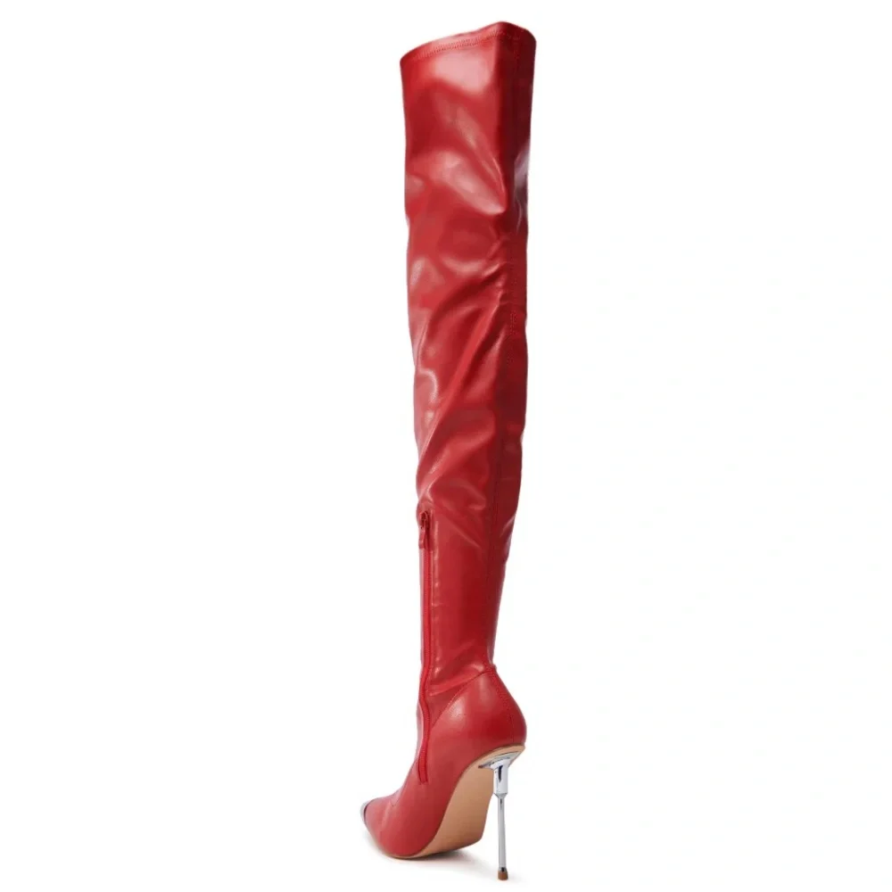 Red Vegan Leather Over-the-Knee Thigh High Stiletto Boots